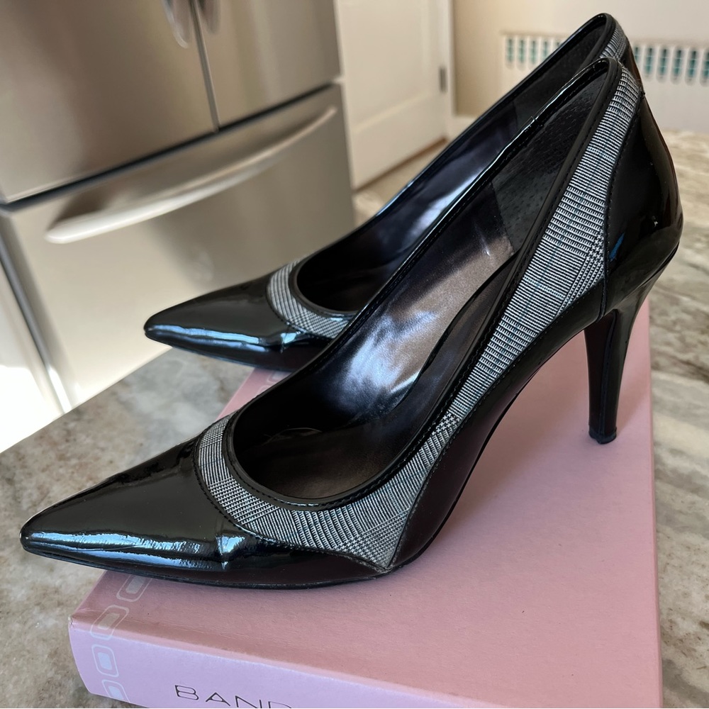 Black patent leather with black and white fabric insert